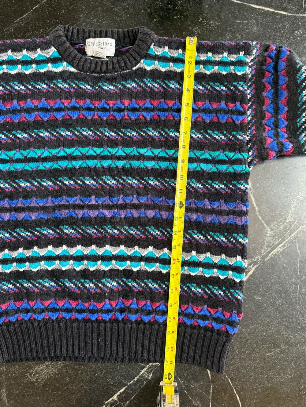 Expressions Multicolored Crewneck Vintage Sweater in Black, Teal and Blue, M - Picture 5 of 5